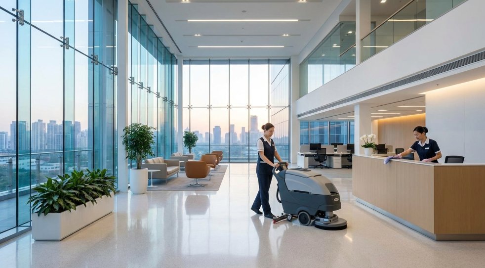 Cleaning staff using a floor scrubber in a modern office lobby with reception desk and city view